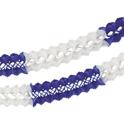 Two PAPSTAR Large garlands (Ø 16 cm, 10 m, flame-retardant) in white and dark blue/white from the PAPSTAR The GmbH logo, arranged diagonally on a white background, creates an elegant design that also provides additional fire safety.
