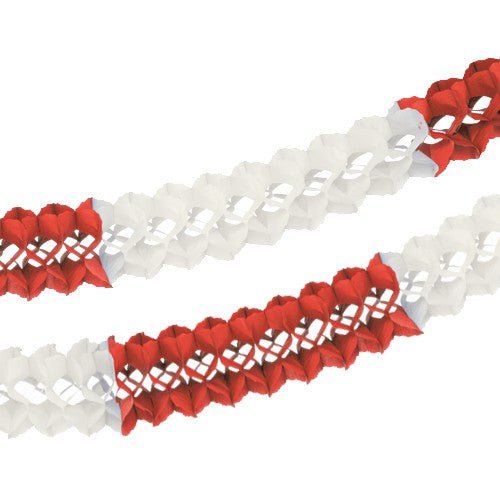 Two PAPSTAR Large garlands (flame-retardant, Ø 16 cm, 10 m, paper) in an alternating red and white diamond pattern—the perfect festive decoration for the PAPSTAR GmbH.