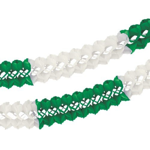 Two PAPSTAR Large-scale garlands (paper, flame-retardant, Ø 16 cm · 10 m) from the PAPSTAR The GmbH logos feature an alternating green-and-white zigzag pattern, making them ideal for use as decoration against a plain white background.