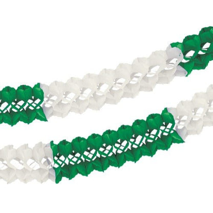 Two PAPSTAR Large-scale garlands (paper, flame-retardant, Ø 16 cm · 10 m) from the PAPSTAR The GmbH logos feature an alternating green-and-white zigzag pattern, making them ideal for use as decoration against a plain white background.