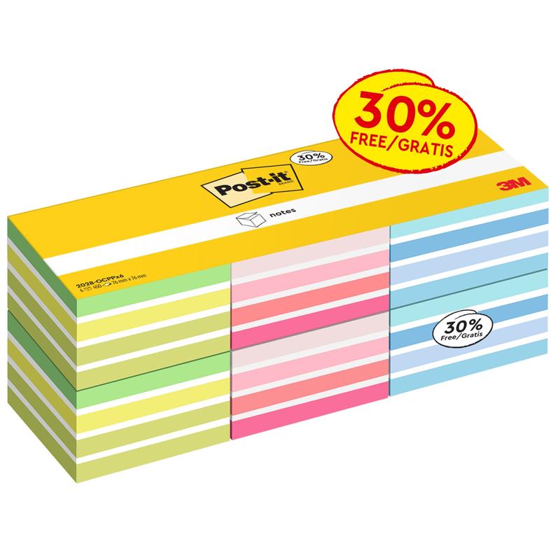 A pack of Post-it® Notes Cube, 76x76 mm, 450 sheets/block, assorted colors (6 blocks), by 3M Germany GmbH - ideal for notes in the office. PEFC certified (SGSCH-PEFC-COC-110078).
