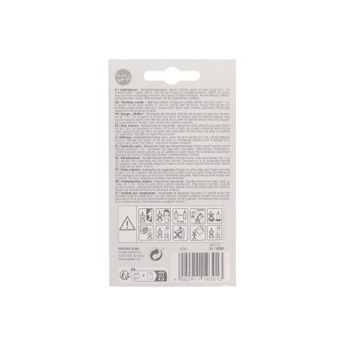 On the back of a package of PAPSTAR number candle 7.3 cm white with a red edge from PAPSTAR GmbH there are text instructions, warning symbols, and a barcode on a plain white background - ideal for anniversaries and birthdays.