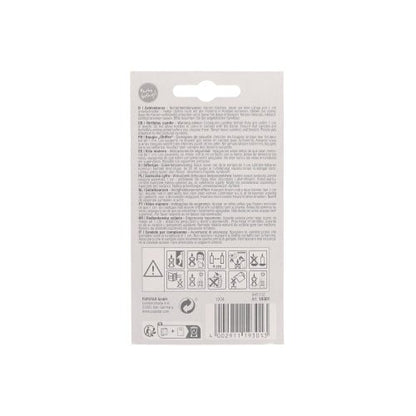 On the back of a package of PAPSTAR number candle 7.3 cm white with a red edge from PAPSTAR GmbH there are text instructions, warning symbols, and a barcode on a plain white background - ideal for anniversaries and birthdays.