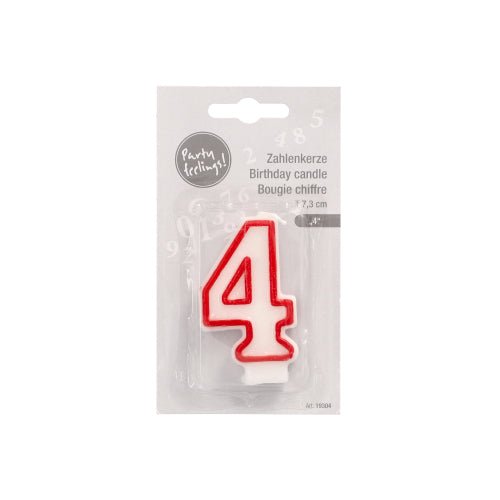 The number candle 7.3 cm from PAPSTAR GmbH in white with a red contour, in the shape of the number 4, comes packaged with "party feeling!" and multilingual text (German, English, French) - ideal for birthdays and anniversaries.