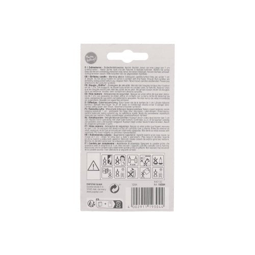 Back of the PAPSTAR GmbH number candle 7.3 cm white with a red edge. Packaging with multilingual safety instructions, warning symbols, barcode, and hanging cutout - ideal for anniversaries or birthdays. Black text on white.