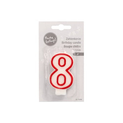 The number candle 7.3 cm from PAPSTAR GmbH in white with a red border in the shape of the number 8 is ideal for birthdays or anniversaries. The packaging is multilingual.