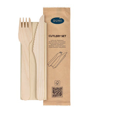The 3/1 cutlery set made of wood by Duni GmbH with fork, knife, and natural, waxed brown napkin (160x160 mm) is available in a pack of 250 pieces - ideal for sustainable enjoyment.