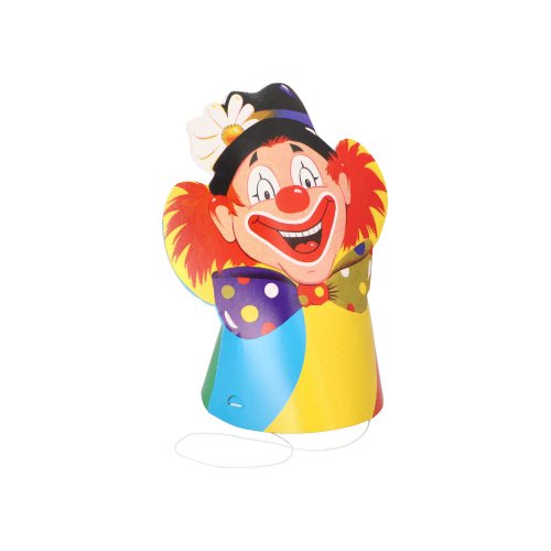 A colorful clown-shaped party hat from PAPSTAR GmbH with a big red nose, a smile, red hair, and a polka-dotted bow tie. Made from high-quality materials with colorful designs. Includes an elastic band. Part of the PAPSTAR 5-hat set.