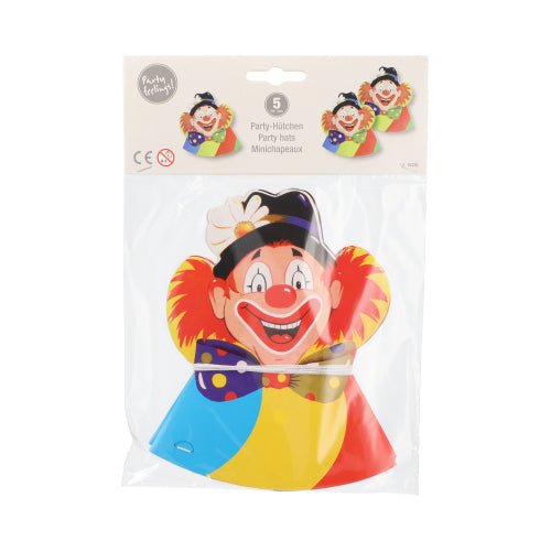 The 5-hat package from PAPSTAR GmbH contains colorful party hats with a cartoon clown face – red nose, orange hair, blue hat, and bright sections – shrink-wrapped in plastic and featuring colorful designs and product details.