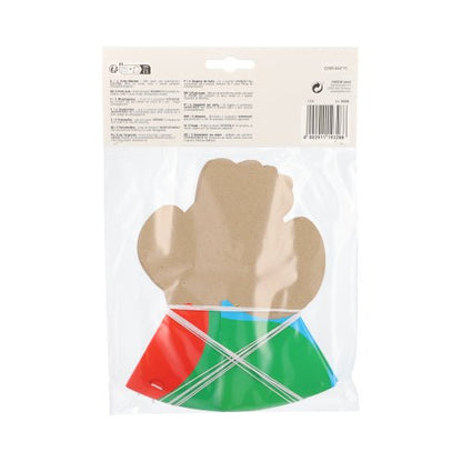 A plastic packaging from PAPSTAR GmbH contains a brown, mitten-shaped cardboard stand and several flat red, green, and blue plastic parts in colorful designs with a white label containing product information, barcode, and the inscription "PAPSTAR 5 hats".