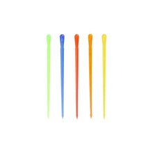 Five colorful PAPSTAR decoration picks "Drop" (8 cm) from PAPSTAR GmbH in the colors green, blue, orange, red, and yellow are arranged vertically on a white background. Each has a rounded end and a pointed tip - ideal for stylish party decoration.