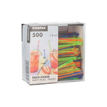 The box "PAPSTAR decoration picks 'Drop' 8 cm, color assorted for parties" from PAPSTAR GmbH contains 500 colorful party picks in a cardboard tray - ideal for decorating drinks and finger food at any celebration.