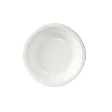 A simple white Duni GmbH soup plate ø 18 cm (300 ml, cardboard, pack of 50 pieces) is depicted from above on a white background. The environmentally friendly cardboard plate is characterized by a simple, corrugated edge design.