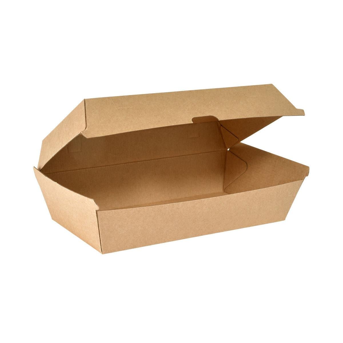 The BioPak Clam Box Large Brown Cardboard FSC 205x107x79 from Duni GmbH is shown open and empty on a white background. It features a hinged lid and highlights its eco-friendly packaging. The pack contains 45 pieces.