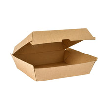 A BioPak Clam Box Dinner Brown Carton FSC 178x160x75 from Duni GmbH is seen open with a raised lid on a white background. The empty FSC-certified box emphasizes its function as sustainable packaging.