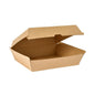 A BioPak Clam Box Dinner Brown Carton FSC 178x160x75 from Duni GmbH is seen open with a raised lid on a white background. The empty FSC-certified box emphasizes its function as sustainable packaging.