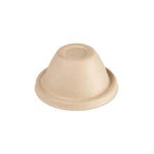 A brown, dome-shaped bagasse dome lid from Duni GmbH for cups 35/47/59 cl, made from sustainable bagasse material with a round edge, presented against a white background. Pack of 500 pieces.