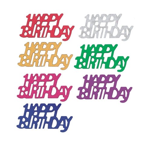 PAPSTAR Decorative scatter decoration "Happy Birthday" colored foil (15 g bag) shows bold, colorful signs - red, silver, yellow, green, pink, purple, blue - on a white background. Perfect for table decorations for birthdays.
