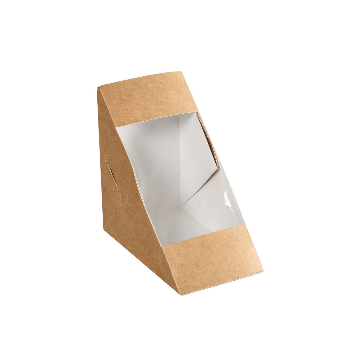 The box for 2 sandwich corners with PLA window (590 ml, 175x75x90 mm) from Duni GmbH is made of brown cardboard and stands empty and upright on a white background. Pack of 650 pieces.