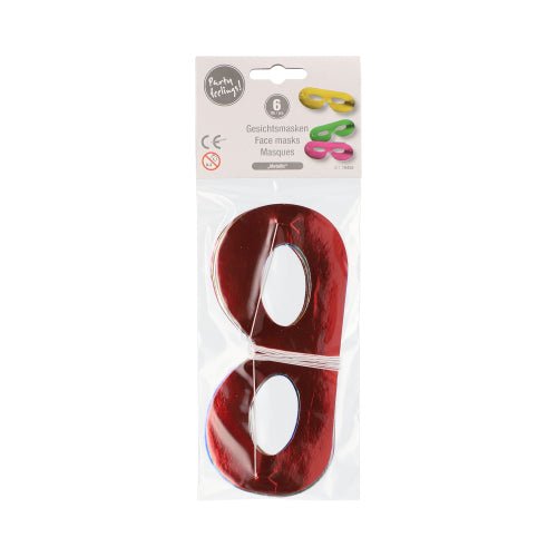 A pack of 6 colorful, metallic PAPSTAR face masks by PAPSTAR GmbH, each in the shape of an eight with eye holes and elastic band. The label "Party Collection Face Masks" shows four illustrated masks.