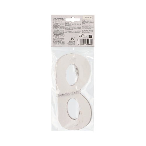 A pack of silver metallic number cutouts is sealed in a clear plastic bag with a cardboard header, similar to PAPSTAR GmbH face masks "Metallic" assorted colors, pouch (6 pieces), and contains product information and a barcode.