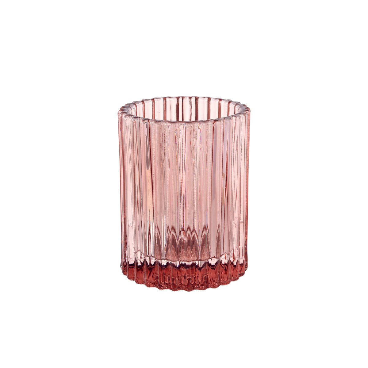 The candle holder 70x55 mm, Comodo earth pink by Duni GmbH is characterized by elegant vertical grooves and a textured bottom reminiscent of a stylish glass candle holder, and is shown against a white background. Package: 1 piece.