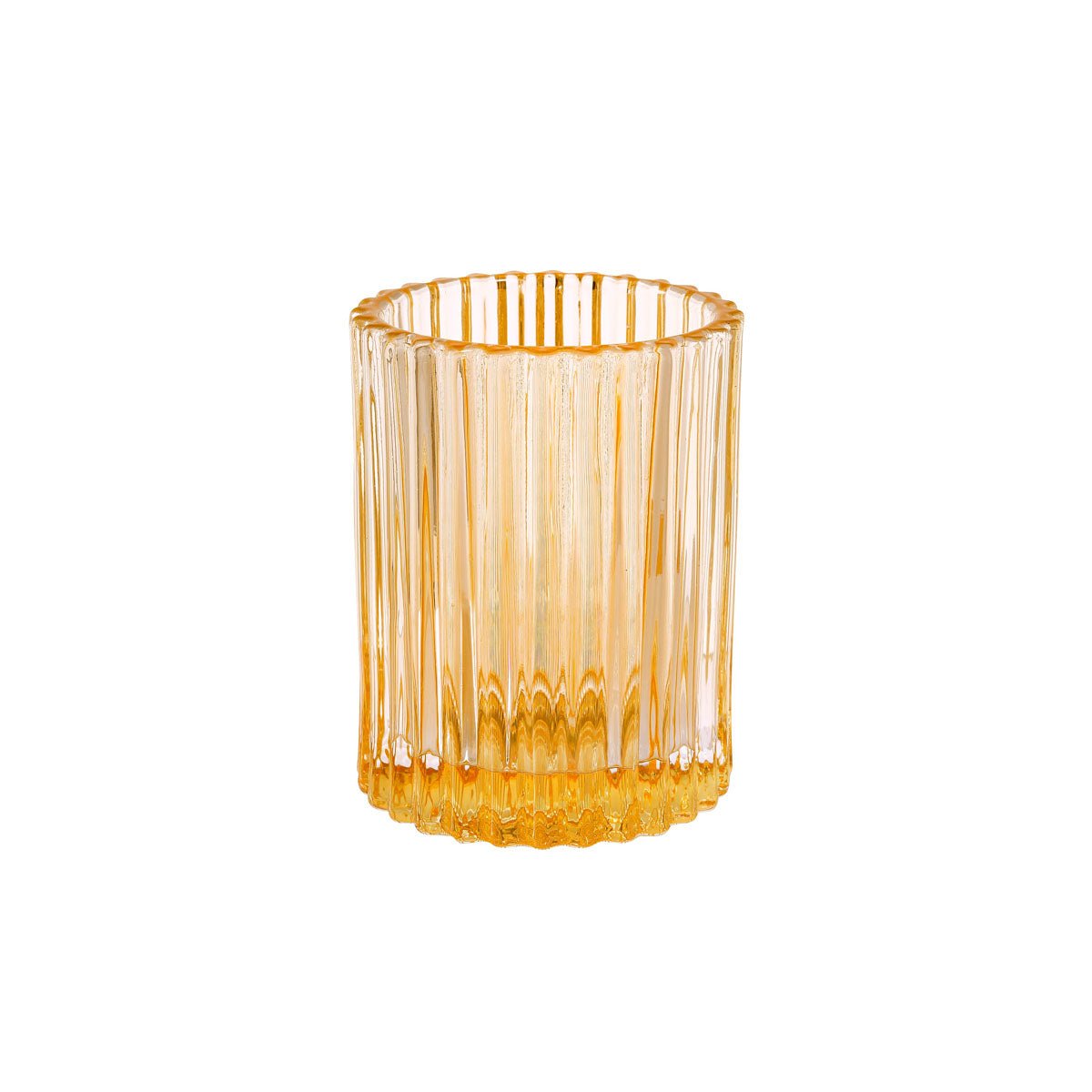 The candle holder Comodo by Duni GmbH (70x55 mm) in cream-yellow is a stylish glass cup with vertical grooves and a thick base, perfect for elegant decorations. Package: 1 piece.
