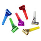 Six colorful PAPSTAR 6 party blowers from PAPSTAR GmbH – blue, red, green, purple, gold, and silver – each with a matching mouthpiece and metallic foil ends. Ideal as colorful party blowers for children's birthday parties!