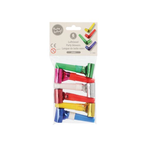 A transparent plastic package contains six party blowers from PAPSTAR GmbH in various colors with metallic surfaces; the top label shows the brand and indicates that they are not suitable for children under three years old.