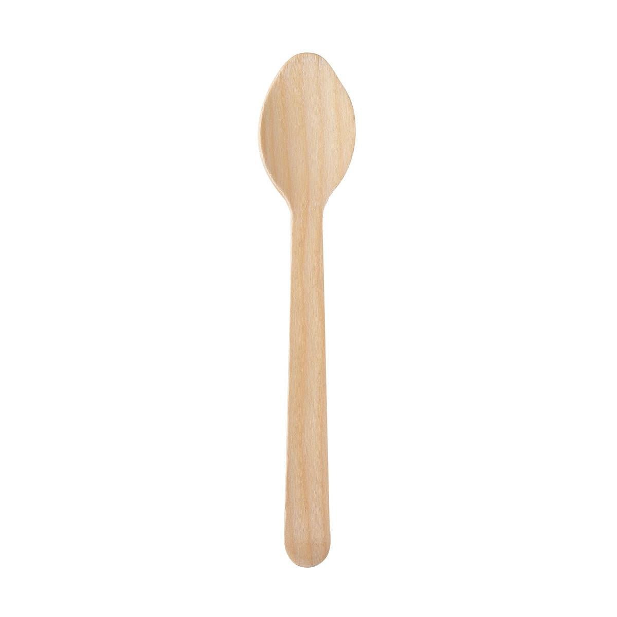 The Silva 185 mm spoon by Duni GmbH, made of waxed natural wood with a flat handle and round bowl, is shown standing upright against a white background. Package: 100 pieces.