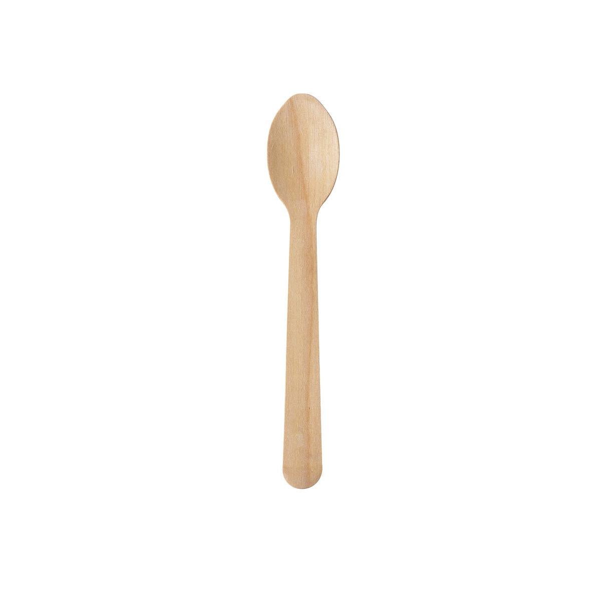 A coffee spoon Silva 130 mm from Duni GmbH made of naturally waxed wood is seen vertically against a white background. The spoon has a round bowl and a flat handle.
