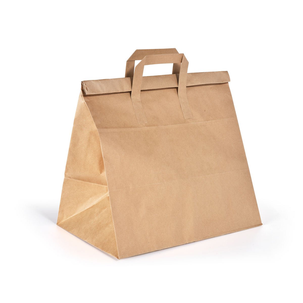 A BioPak Foldbag Large Brown Paper FSC 320x210x340 from Duni GmbH stands upright on a white background, with two flat handles and a folded lid for a tent-like shape - ideal, eco-friendly paper bags. The package contains 250 pieces.