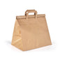 A BioPak Foldbag Large Brown Paper FSC 320x210x340 from Duni GmbH stands upright on a white background, with two flat handles and a folded lid for a tent-like shape - ideal, eco-friendly paper bags. The package contains 250 pieces.