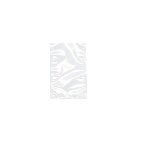 A transparent Starpak 100 vacuum seal bag, PA/PE from Starpak is depicted unsealed against a white background. The glossy plastic bag, rectangular with visible wrinkles and reflections, is ideal for use with chamber vacuum sealers.