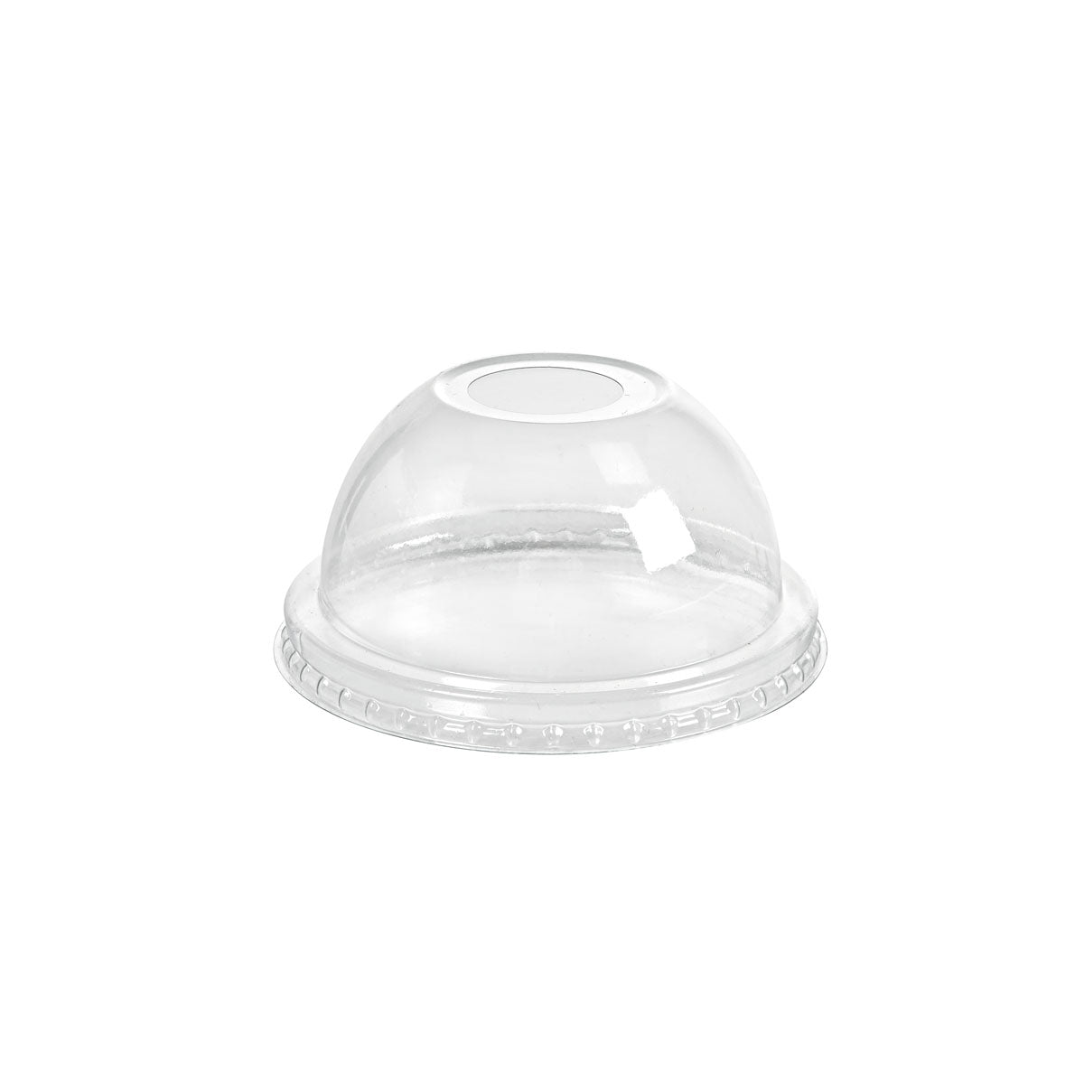 The Duni GmbH dome lid with an opening for all cups 350, 470, 590 ml (pack of 50 pieces) made of transparent rPET is shown on a white background. The lid has a straw opening for easy use with a straw.