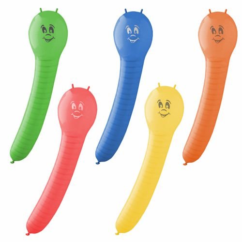 The PAPSTAR GmbH colorful assorted balloons "Caterpillar" (5 pieces) are ribbed, elongated balloons in various colors with smiling faces - ideal for children's party decorations and festive occasions.