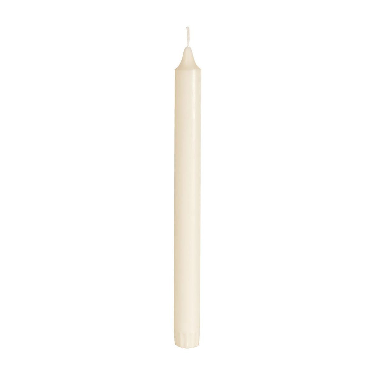 A single, unlit crown candle made of 100% stearin (250 x 22 mm, 9h burn time) from Duni GmbH stands upright against a plain white background, with a smooth surface, visible wick, and slightly textured base.