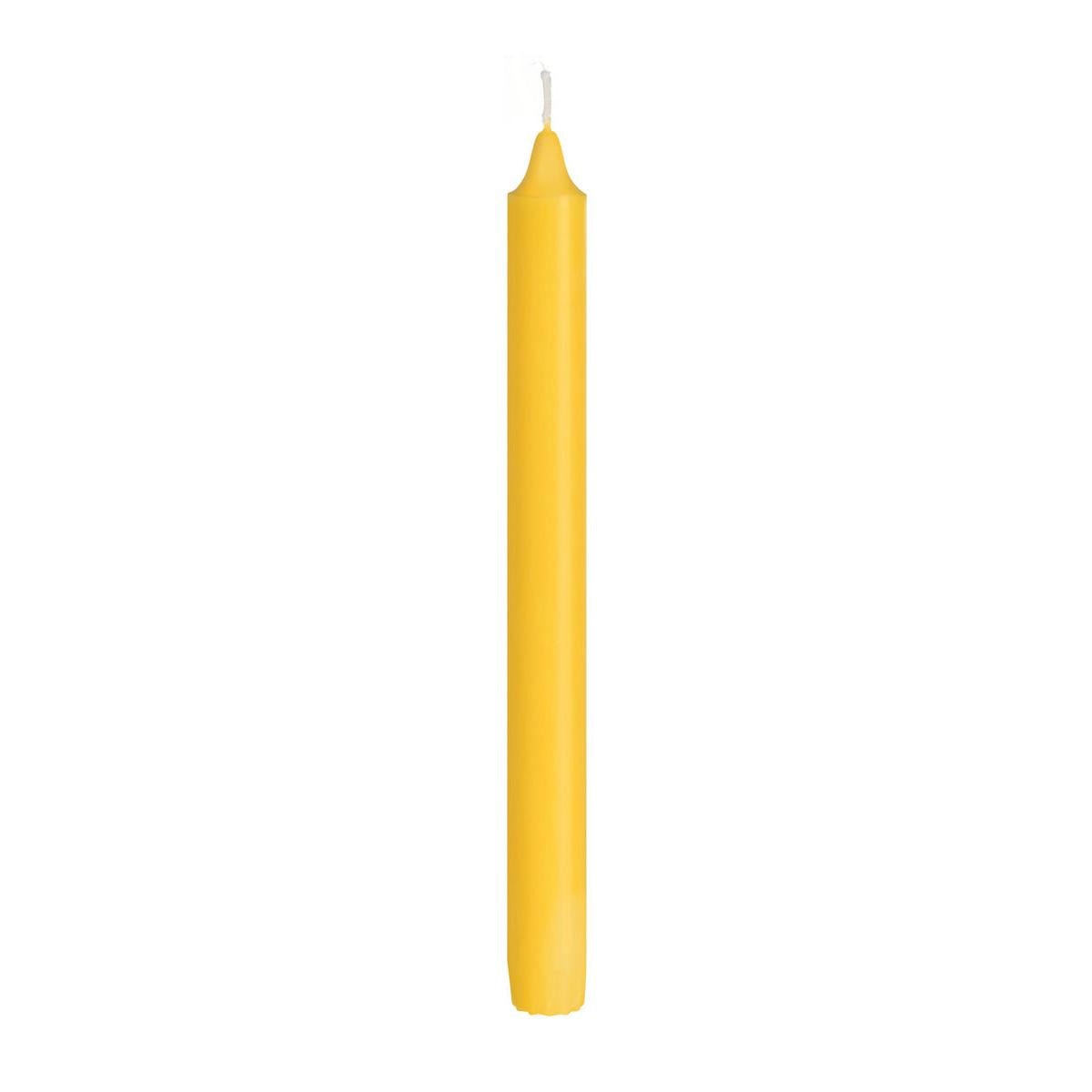 A single, unlit yellow crown candle made of 100% stearin (250 x 22 mm, 9h) from Duni GmbH stands upright against a plain white background and is known for its long burn time.