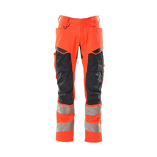 Trousers with knee pockets, stretch inserts trousers, hi-vis red/black-blue