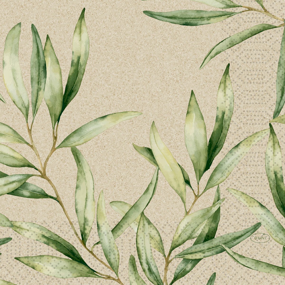 Watercolor leaf motif with green, leafy branches on a beige dotted background, ideal for Duni GmbH cellulose napkins 33 x 33 cm 3-ply 1/4 fold leaves (250 pieces).