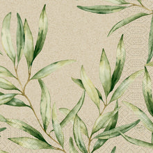 Watercolor leaf motif with green, leafy branches on a beige dotted background, ideal for Duni GmbH cellulose napkins 33 x 33 cm 3-ply 1/4 fold leaves (250 pieces).