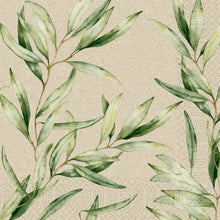 This watercolor foliage design with elegant green leaves on beige gives the 40 x 40 cm 3-ply 1/4 fold napkins Foliage by Duni GmbH, pack (250 pieces) a botanical touch. Perfect for a nature-inspired table decoration.