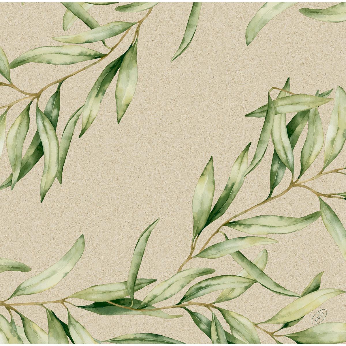 Watercolored green leaf branches on a beige, textured background with empty space in the middle, ideal for Dunisoft napkins 40 x 40 cm 1/4 fold by Duni GmbH.