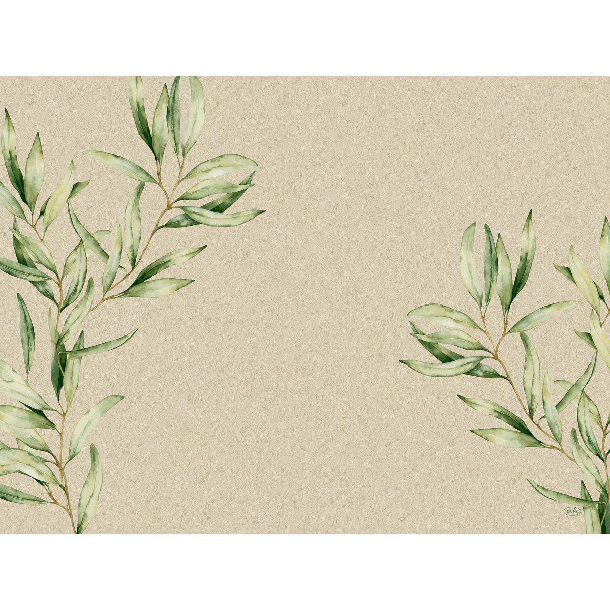 Beige background with two green leaf branches in watercolor style, one at the top left and one at the bottom right, leaving the center empty. Ideal for Duni GmbH paper placemats 30 x 40 cm | Pack (250 pieces).