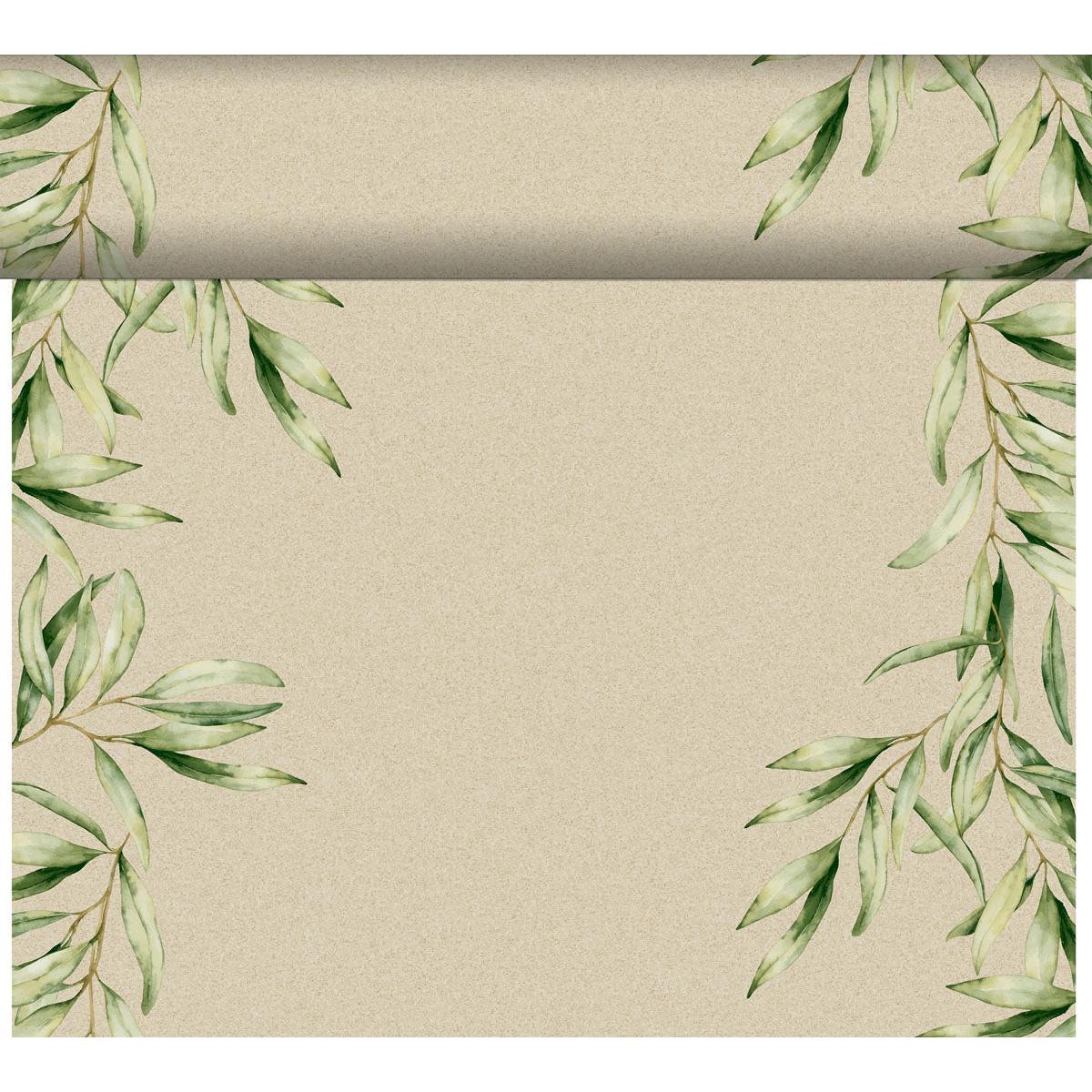 Beige Dunicel "Tête-à-Tête" table runner by Duni GmbH (24 m x 0.4 m, 20 sections) featuring green watercolor leaves along the edges and a rolled-paper effect—ideal for inspiration or elegant table decor.