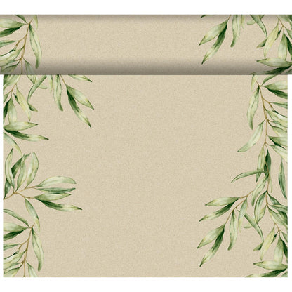 Beige Dunicel "Tête-à-Tête" table runner by Duni GmbH (24 m x 0.4 m, 20 sections) featuring green watercolor leaves along the edges and a rolled-paper effect—ideal for inspiration or elegant table decor.