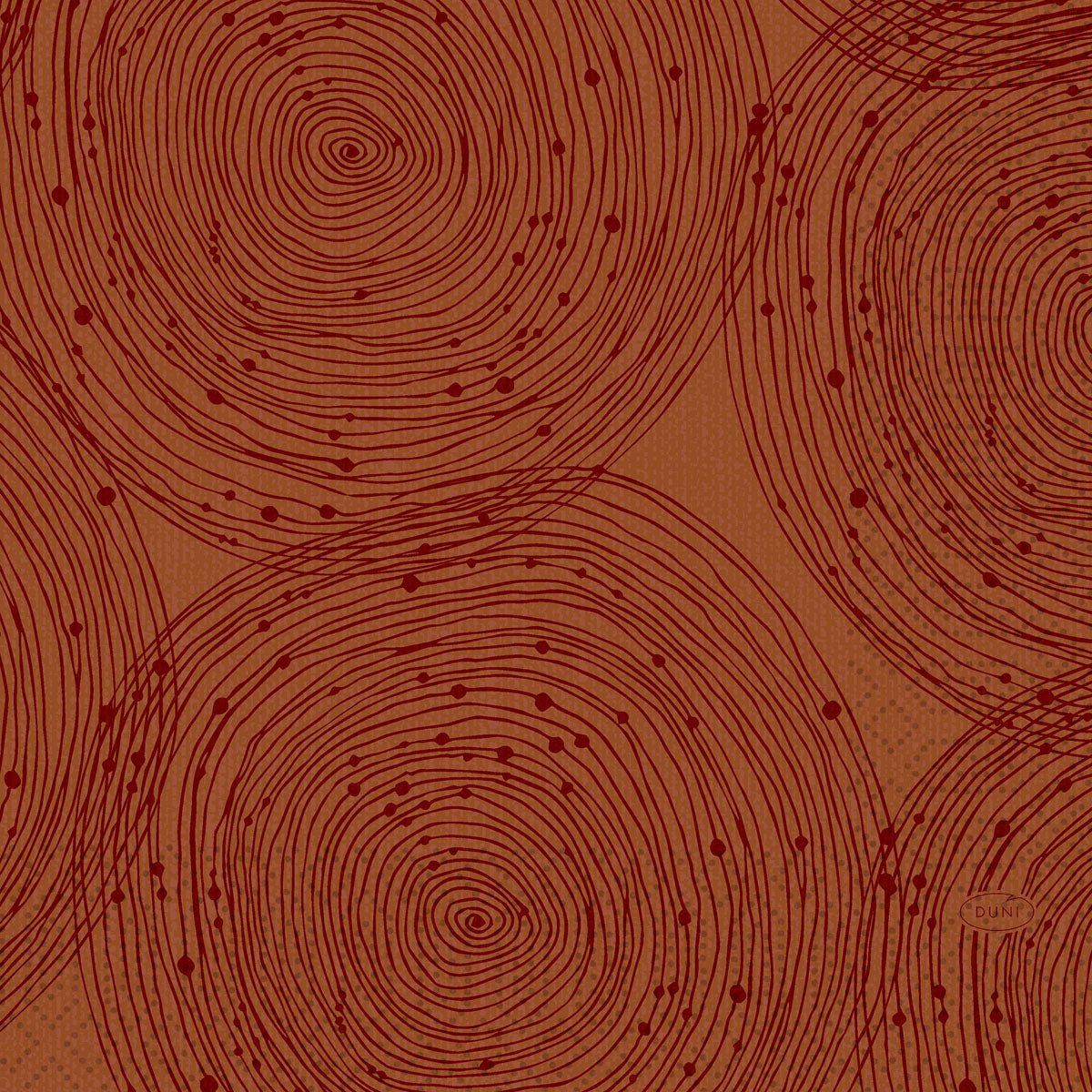 The Duni GmbH tissue napkins 33 x 33 cm 3-ply 1/4 fold Earthy (250 pieces) feature dark red overlapping spirals and scattered dots on a brown background, creating an abstract, textured look.