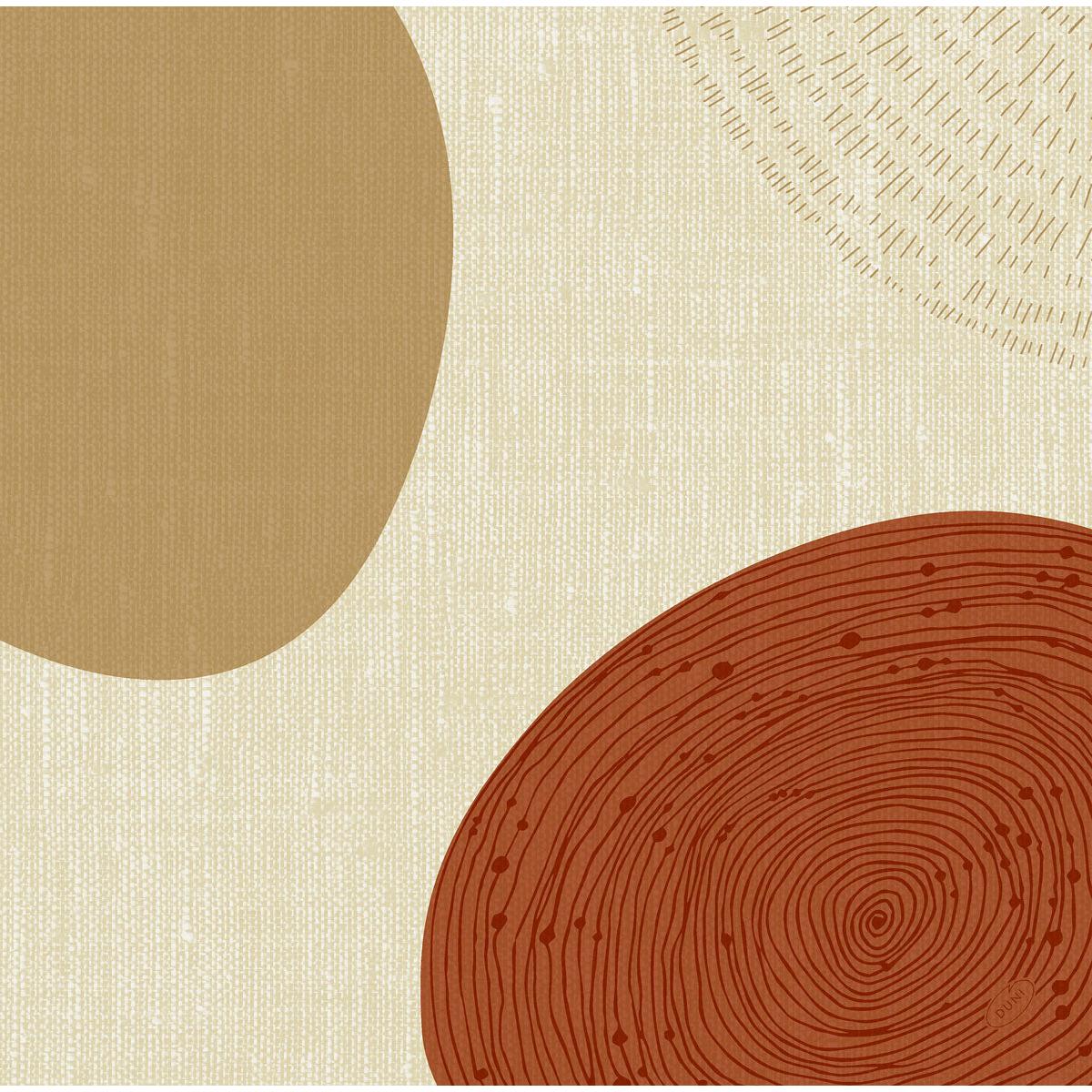 Abstract image with a large light brown oval on the left and a rust-red circular motif with rings and dots at the bottom right, printed on Dunisoft napkins 40 x 40 cm 1/4 fold by Duni GmbH. Light background, subtle linear texture, faint semicircle at the top.