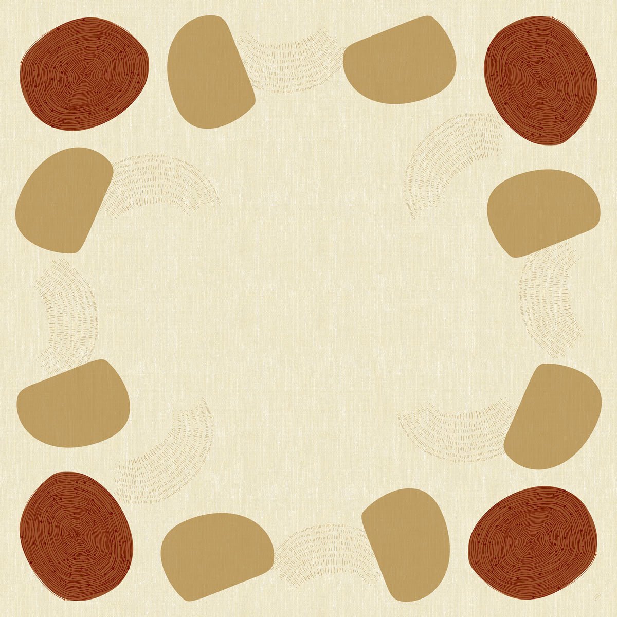 A beige Dunicel table center (84 x 84 cm) from Duni GmbH features a circular border of alternating brown ovals and light brown shapes with curved line patterns. Ideal as an earthy table decoration; the center is empty. Package: 100 pieces.