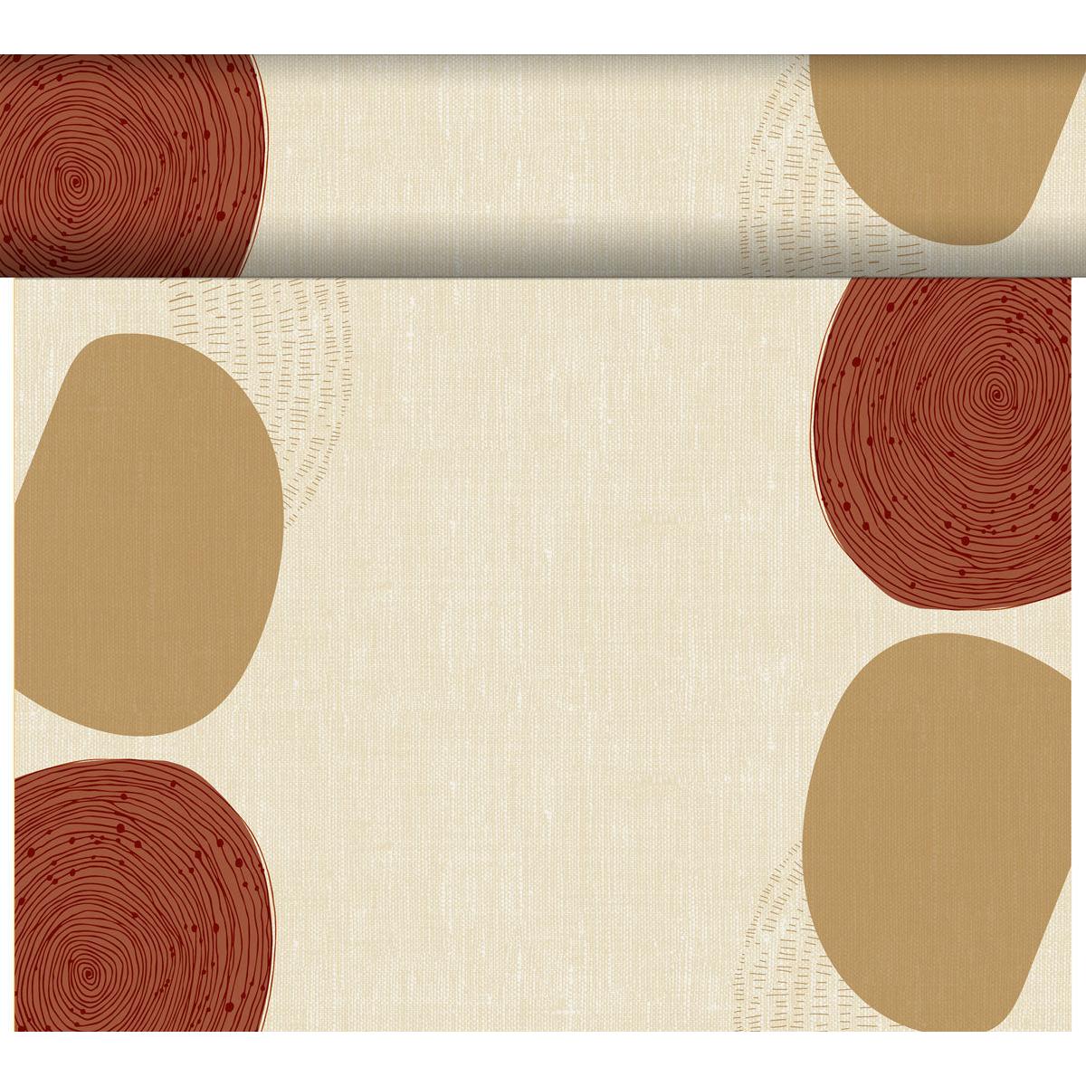 A beige background with large brown and rust-colored shapes accentuates the edges, while a Dunicel “Tête-à-Tête” table runner (24 m x 0.4 m, 20 sections) from Duni GmbH lies on top—ideal for a stylish table setting.
